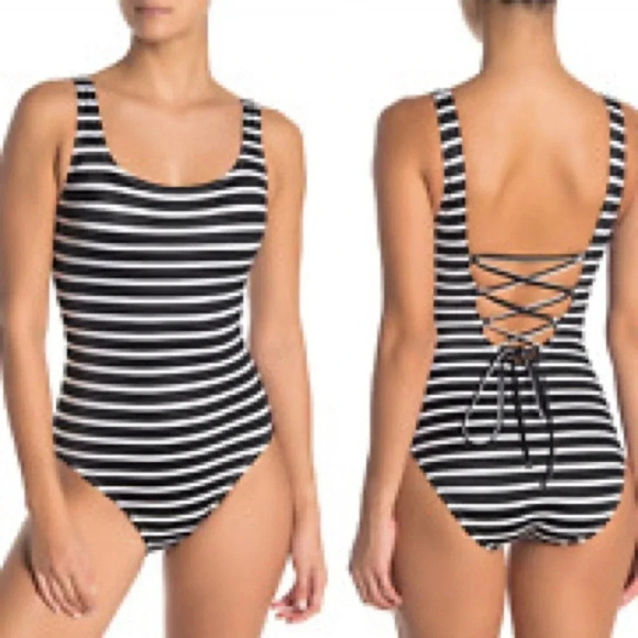Tommy bahama Brenton Lace-Up Back Stripe One Piece Swimsuit blue/white size 6 - Picture 1 of 6